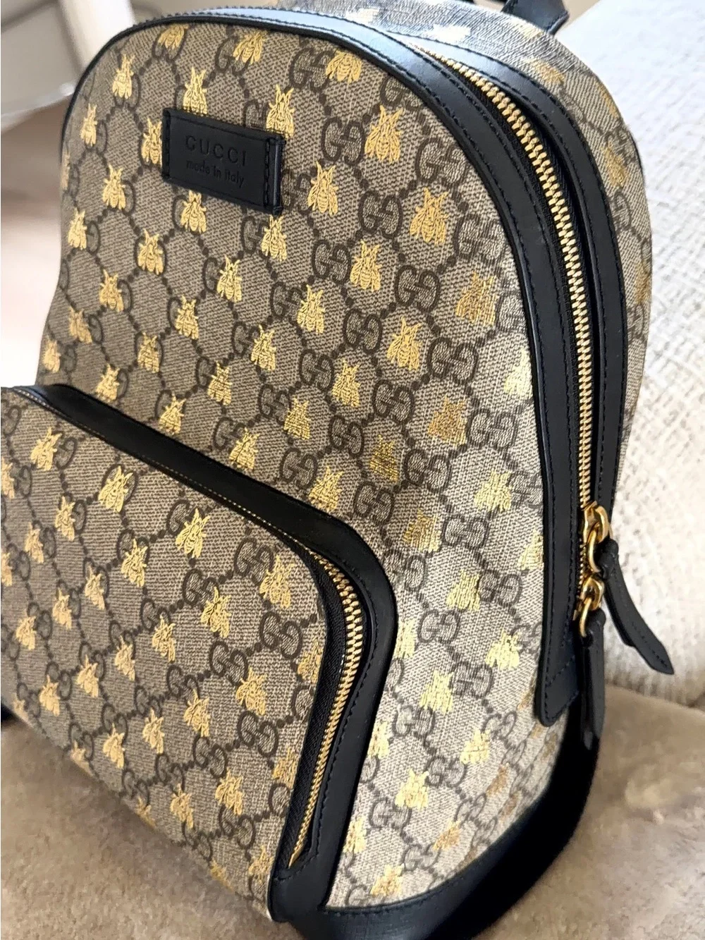 Gucci Bee GG Canvas Backpack in Brown and Gold
